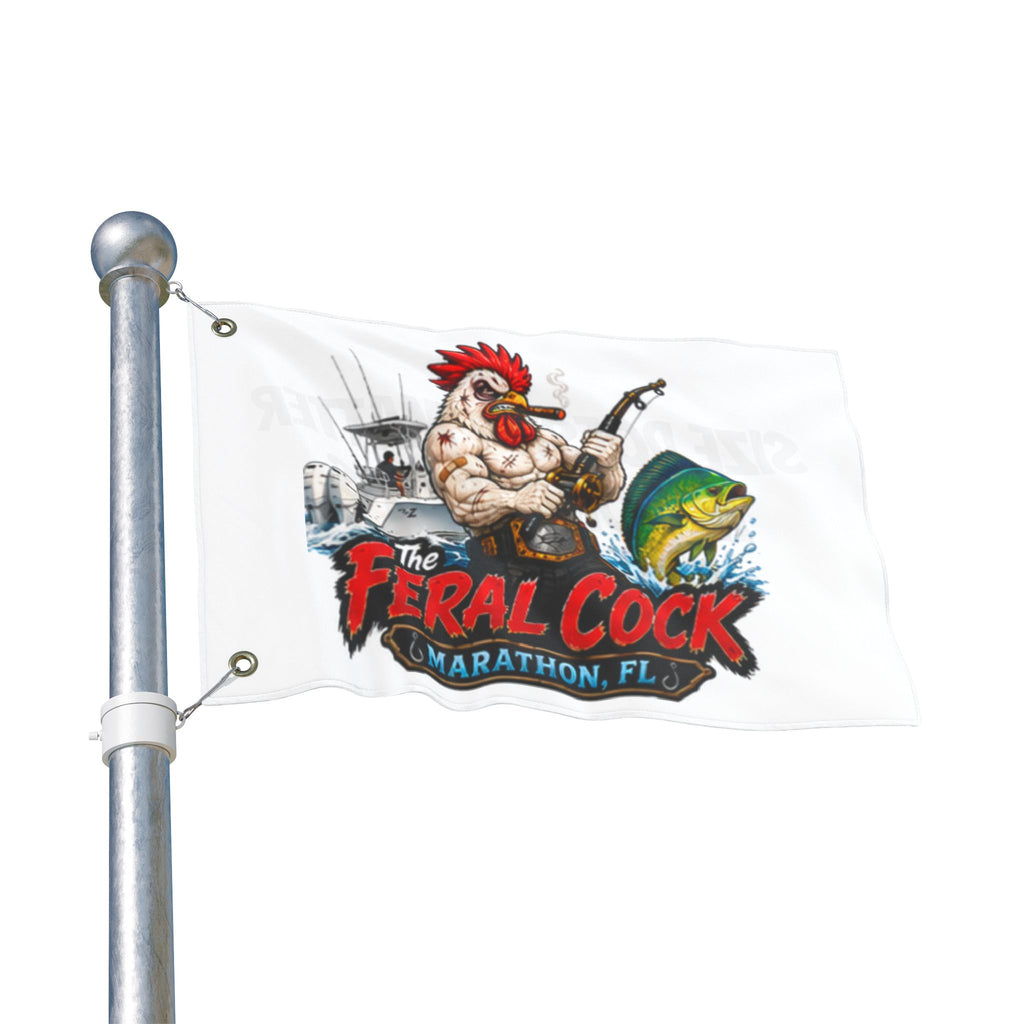 Double-Sided Flag — The Feral Cock Marathon, FL Rooster & Fish Nautical Banner