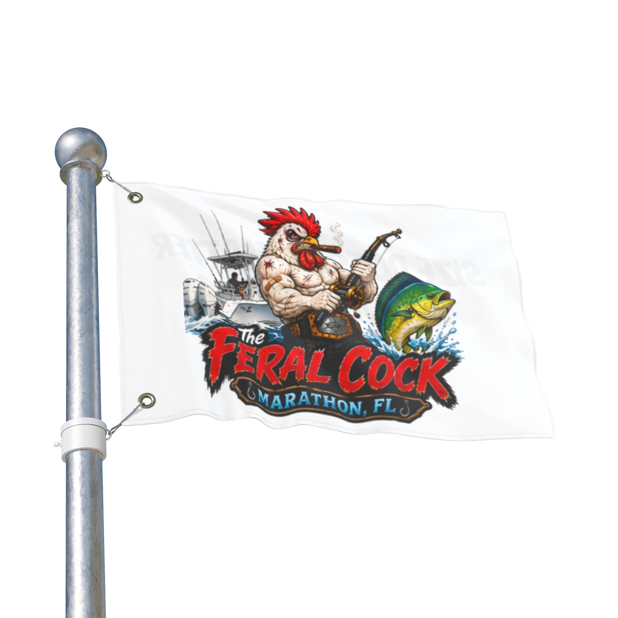 Double-Sided Flag — The Feral Cock Marathon, FL Rooster & Fish Nautical Banner