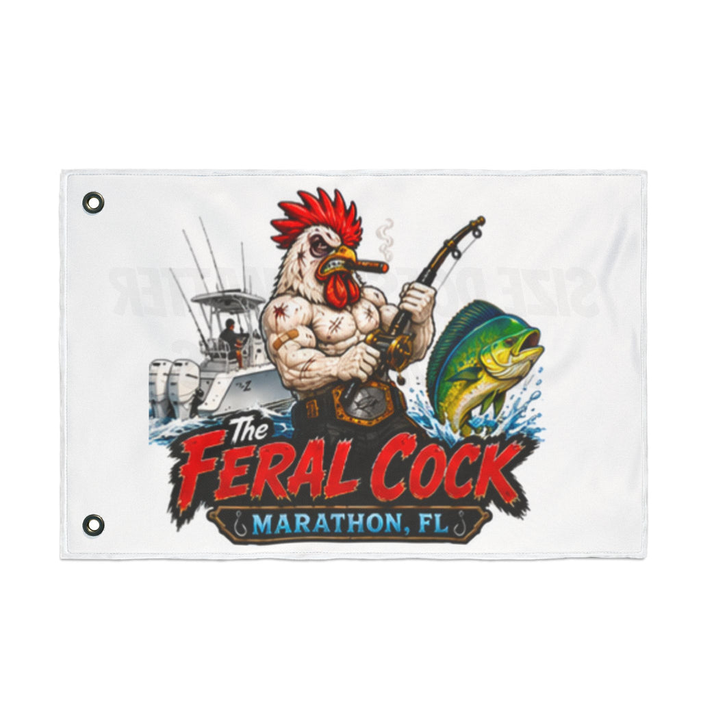Double-Sided Flag — The Feral Cock Marathon, FL Rooster & Fish Nautical Banner
