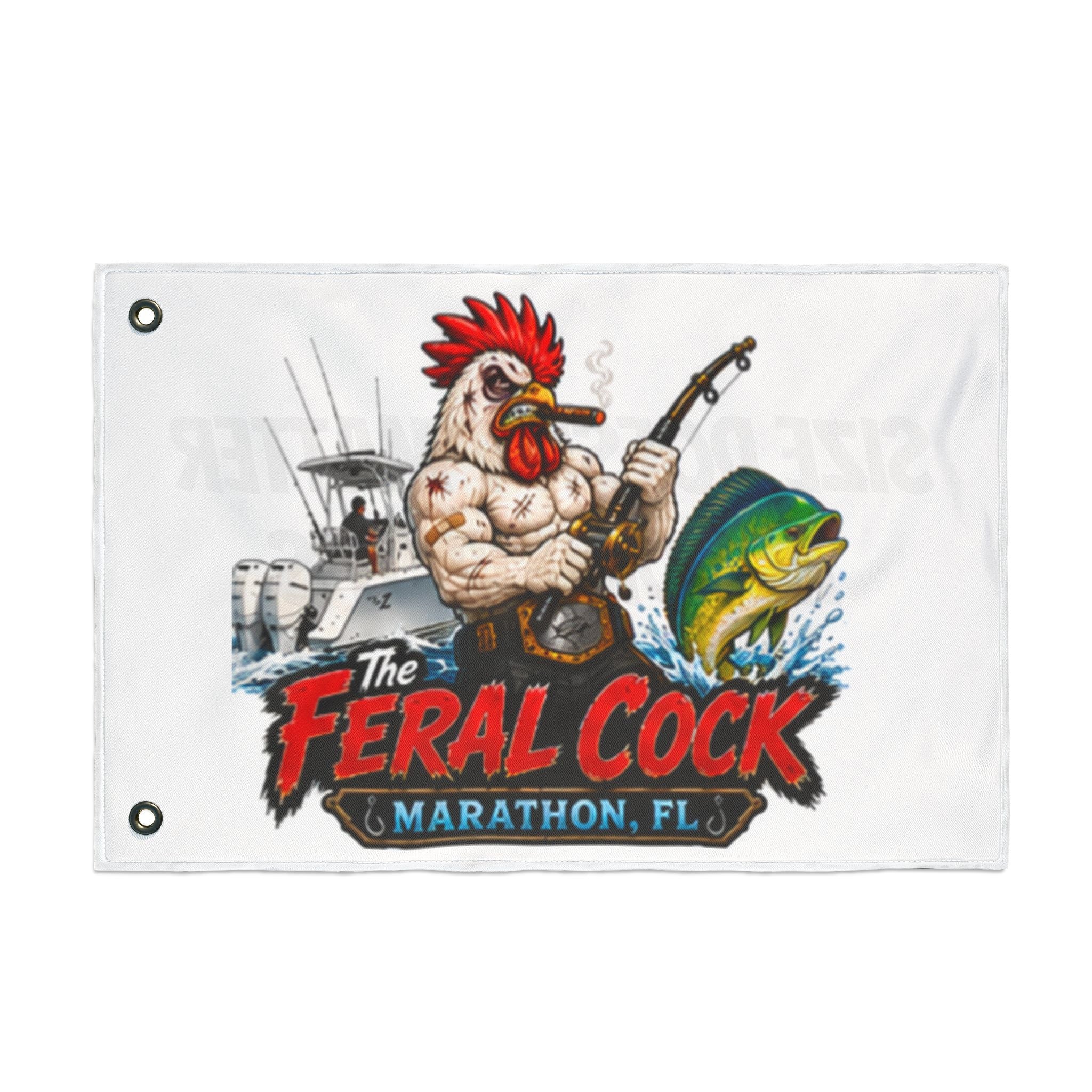 Double-Sided Flag — The Feral Cock Marathon, FL Rooster & Fish Nautical Banner