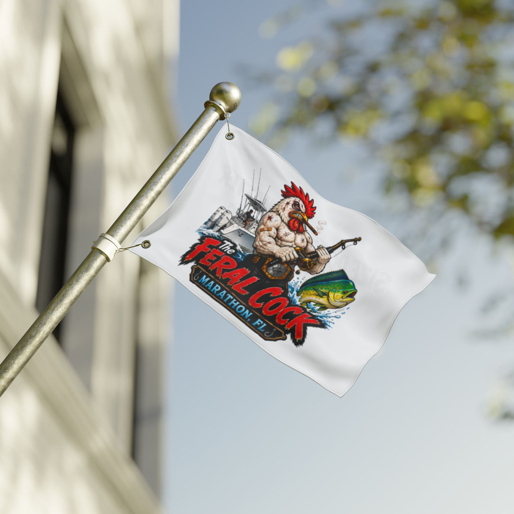 Double-Sided Flag — The Feral Cock Marathon, FL Rooster & Fish Nautical Banner