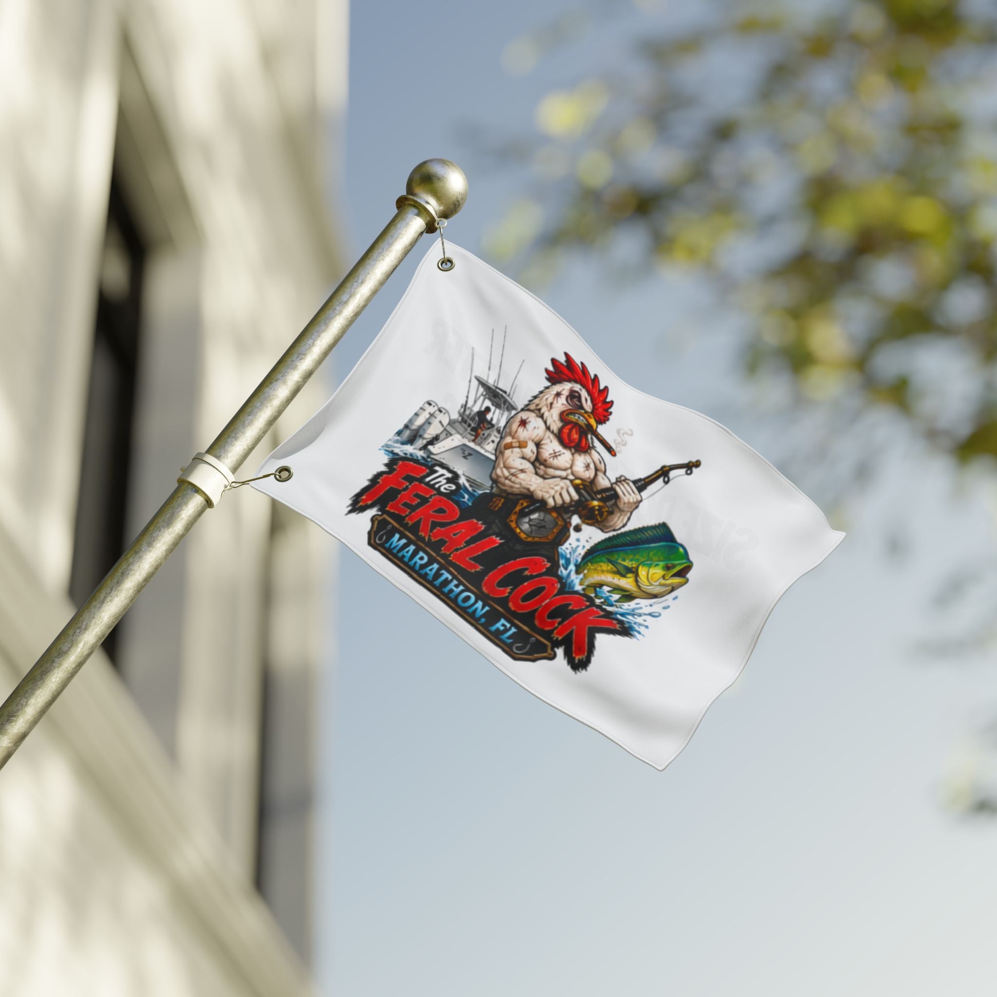 Double-Sided Flag — The Feral Cock Marathon, FL Rooster & Fish Nautical Banner